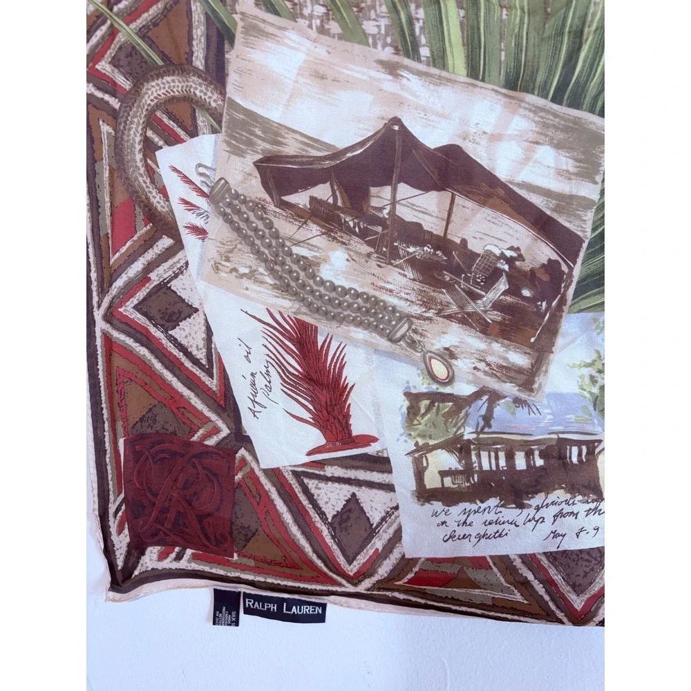 Ralph Lauren Silk Scarf Vintage Safari Expedition Travel Journal Print Italy